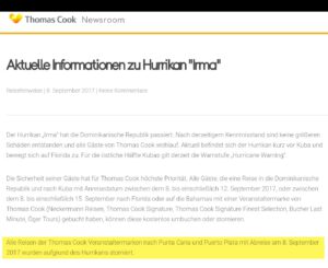 Pressemeldung Hurrikan Irma von Thomas Cook am 08.09.2017