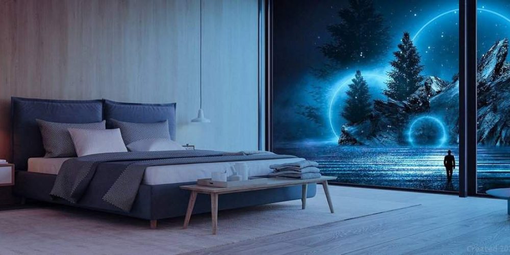 Schlafzimmer bei Nacht mit Fenster und Fantasy Ausblick
