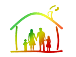 symbolbild einer familie mit kindern im haus in regenbogenfarben